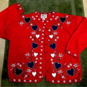 Vintage Red Cardigan Sweater Valentine Hearts